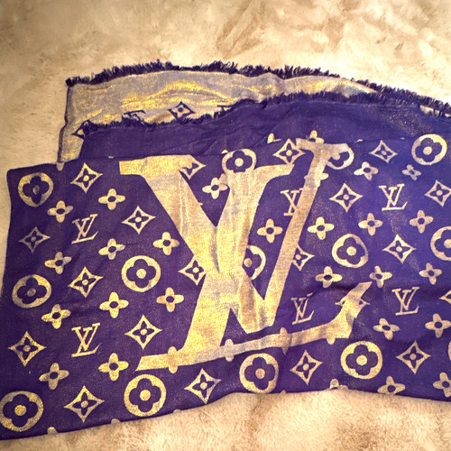 Louis Vuitton Women’s Monogram Woven Wool Cashmere Shawl Wrap Purple Gold Fringe