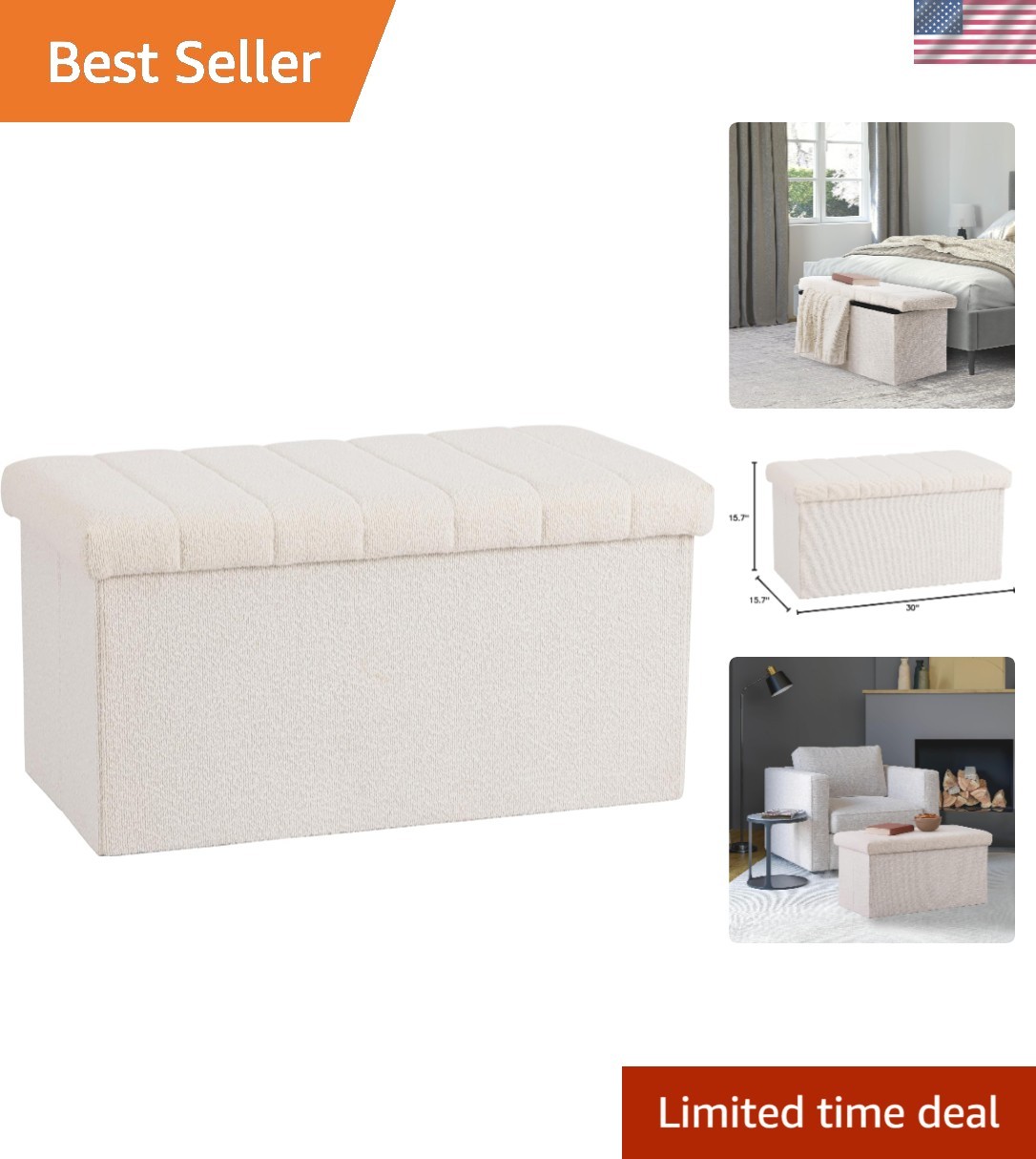 Cushioned Fabric Ottoman Hidden Storage Chest Footrest Chair, Padded Seat for...