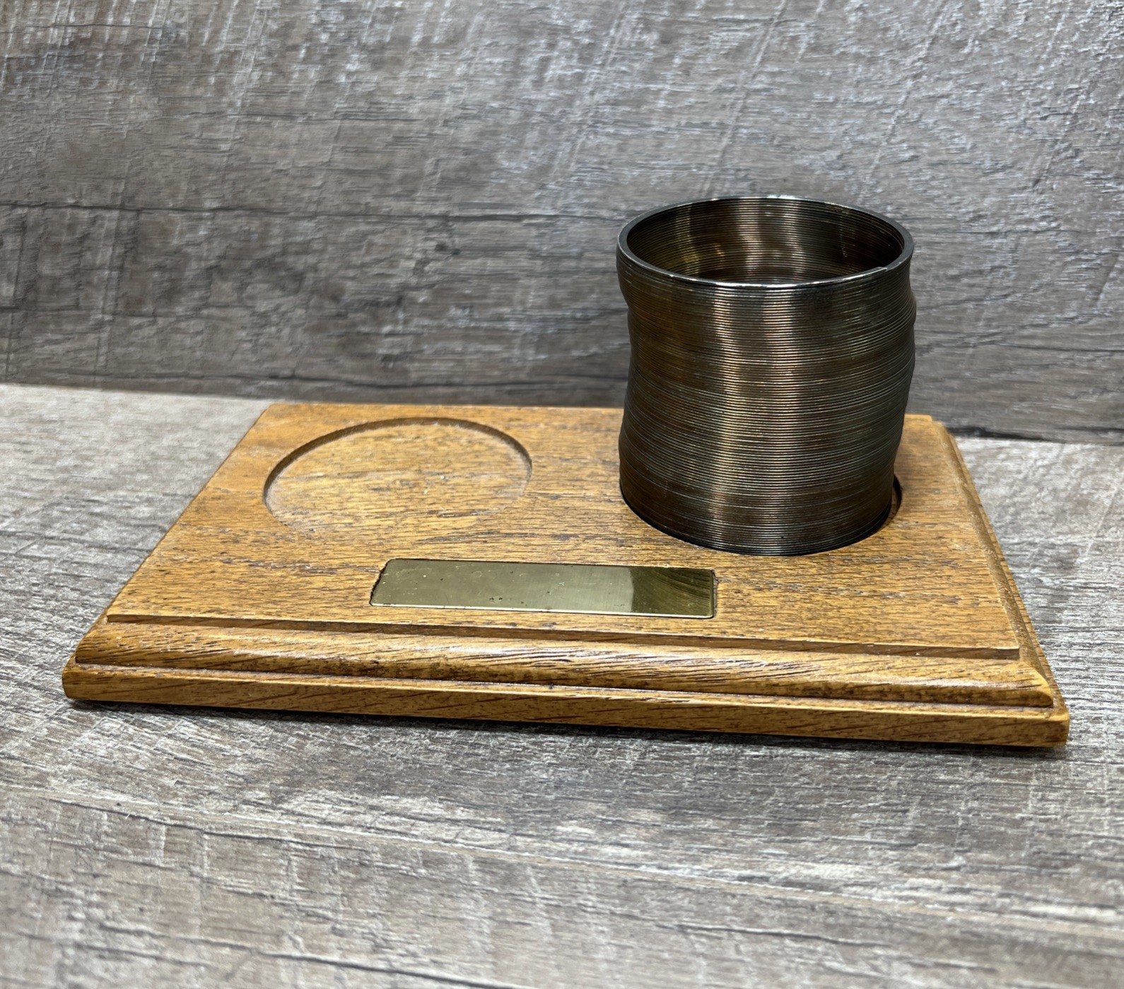 Vintage Metal Gold Toned Slinky & Wooden Tray Holder - Rare Estate Find!