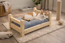 Wooden Cat Bed with Soft Cushion  Solid Pine Pet Bed  Cat Furniture