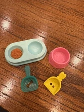 Vtg Fisher Price and Other Miniature Pet Toys Feeding Bowls Litter Scoopers Meds