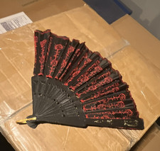 Black Red Folding Hand Fan with Red Floral Embroidery Lace Design
