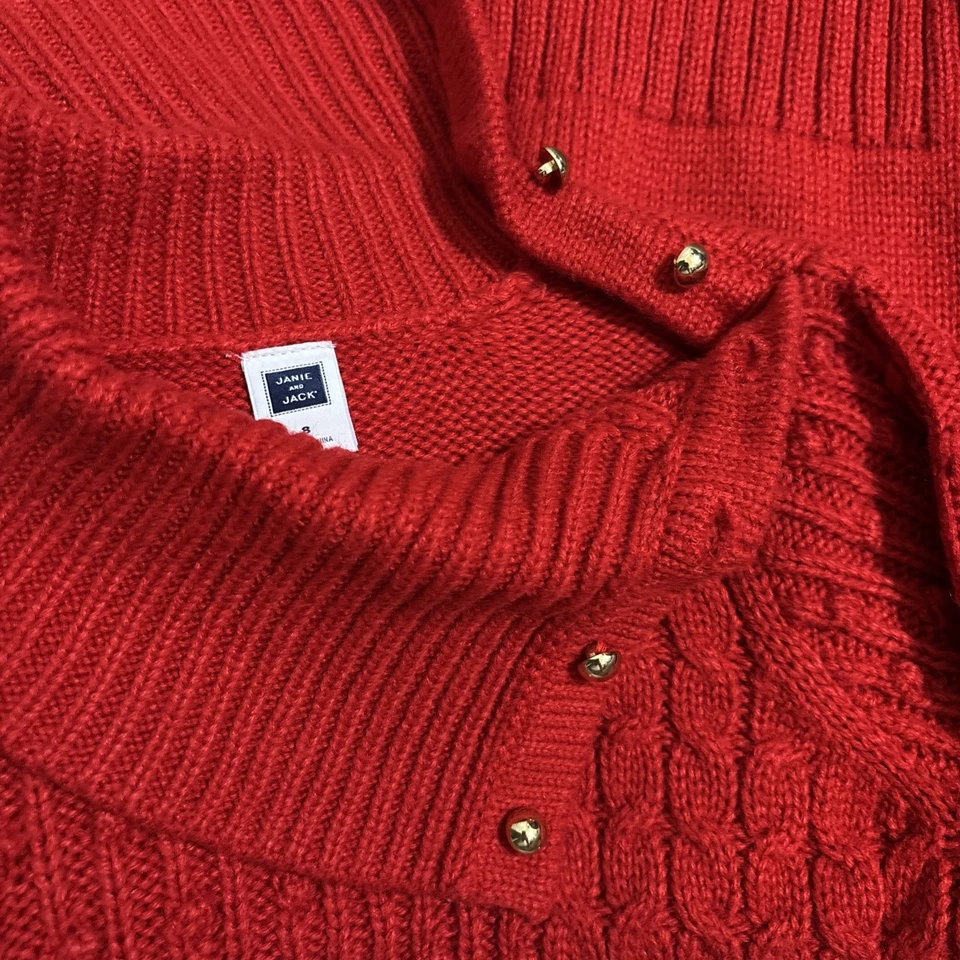 Janie & Jack Girls Red Knitted Sweater Sz 8 Pullover Mock Neck Gold Tone Buttons - Image 3 of 4