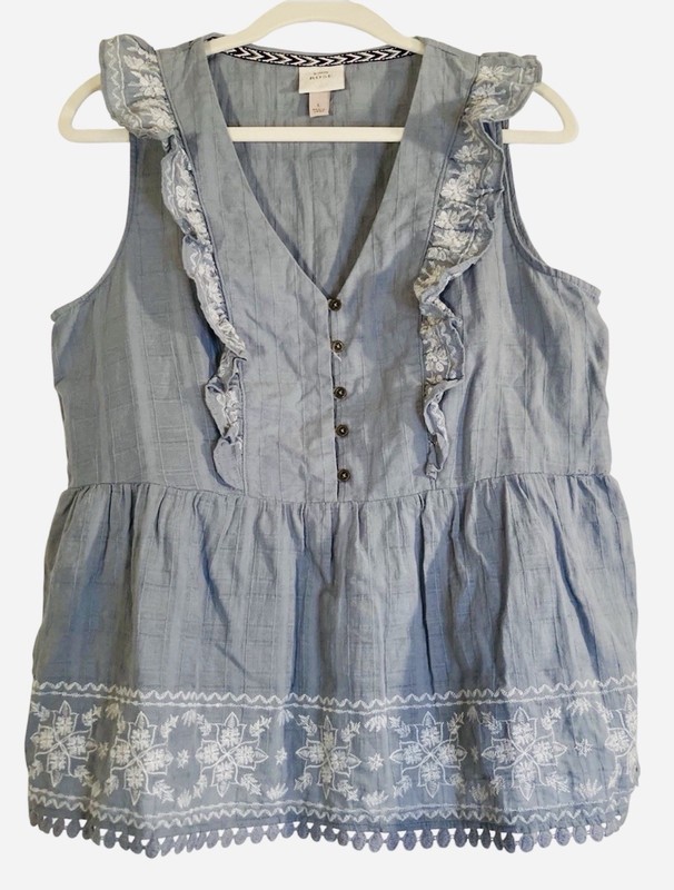 Knox Rose Blouse Top Sz Large Cotton Lace Embroidery Ruffle Button Peplum Blue
