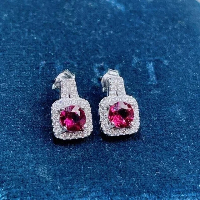 3Ct Round cut Lab Created Diamond Pink Ruby Stud earrings 14K White Gold Plated - Image 3 of 3