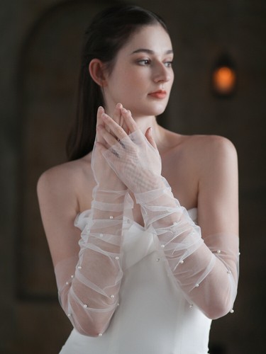 Brauthandschuhe mit Perlen lange Bündchen Damen lang weiß fingerlos Tüll - Bild 4 von 9