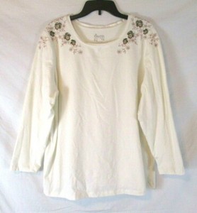 New-Denim-amp-Co-Embroidered-Shirt-Ivory-Sz-1X-Long-Sleeve-Pull-On-Women-XM4