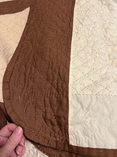 Vintage Handmade Quilted Brown and Tan Rose Bouquet Pattern Queen Size Coverlet - Picture 20 of 22