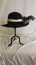 vtg MICHELLE Black/White sz 7.25 Banded Feathered Bowler Hat 13" Brim SEE PICS