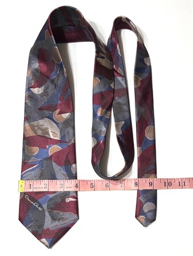Oscar De La Renta Studio Signed Tie Geometric Design USA Gray Blue Maroon Gold - Picture 4 of 8