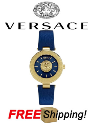 Versace Brick Lane Watch Lion Collection Womens SunRay Dial Leather Strap Blue