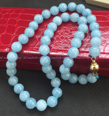 Natural 8/10/12mm Blue Aquamarine Round Gemstone Beads Necklace 18'' AAA