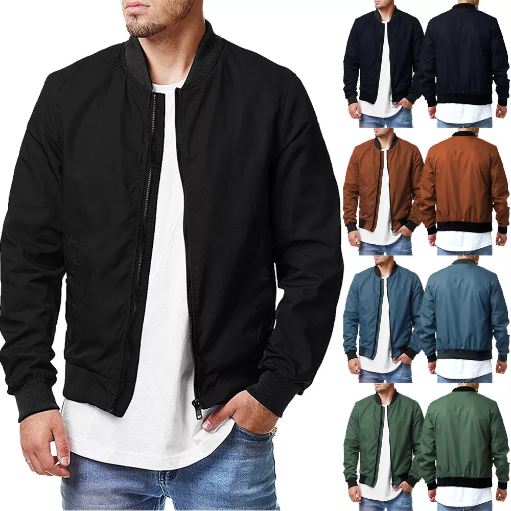 Men Baseball With Pockets Jacket Mens Regular Fit Crew Neck Fall Bomber  Jackets✿