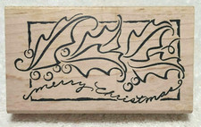 Rubber Stamp Merry Christmas Phrase In Cursive With Holly, Denami Design - NEW