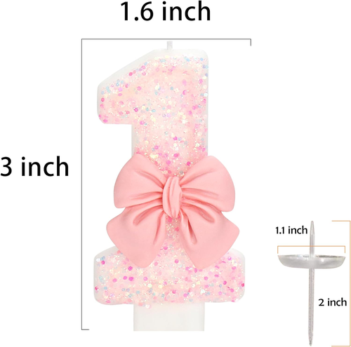 Birthday Candle for Cake, 1 Candle - Pink Glitter with Bowknot, 2.76 Inch Happy - Picture 4 of 5