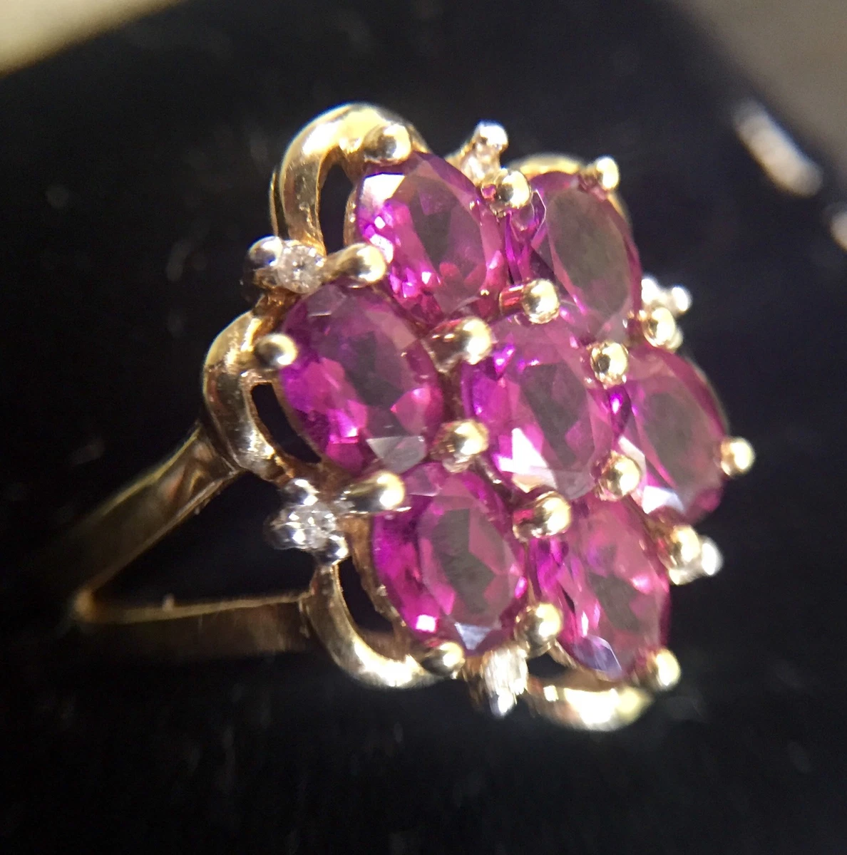 14k Solid Yellow Gold Spinal Gemstone Flower Ring Genuine Diamonds