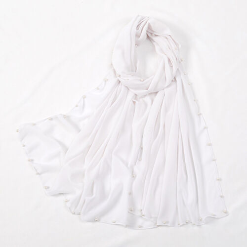 Women's Chiffon Hijabs Scarves Pearl Studded Solid Color Muslim Headscarves Wrap - Picture 24 of 24