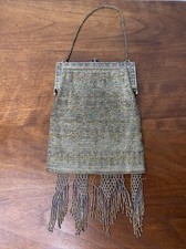 Vintage Bead Bag Carved Metal Frame Purse Silver Fringe Art Deco Handbag Antique