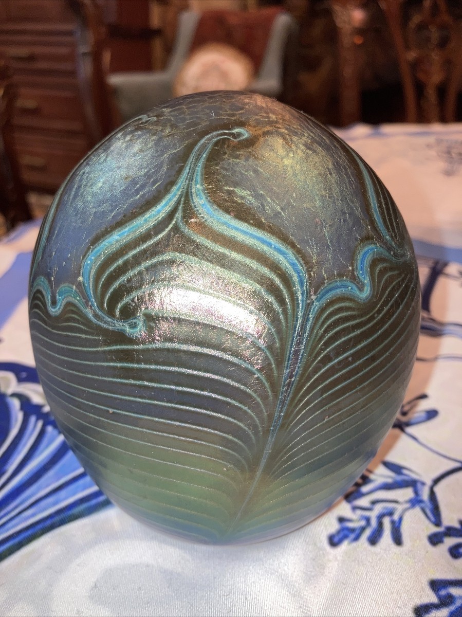 Robert Held Art Glass Iridescent Green Blue Orb Sphere Paperweight