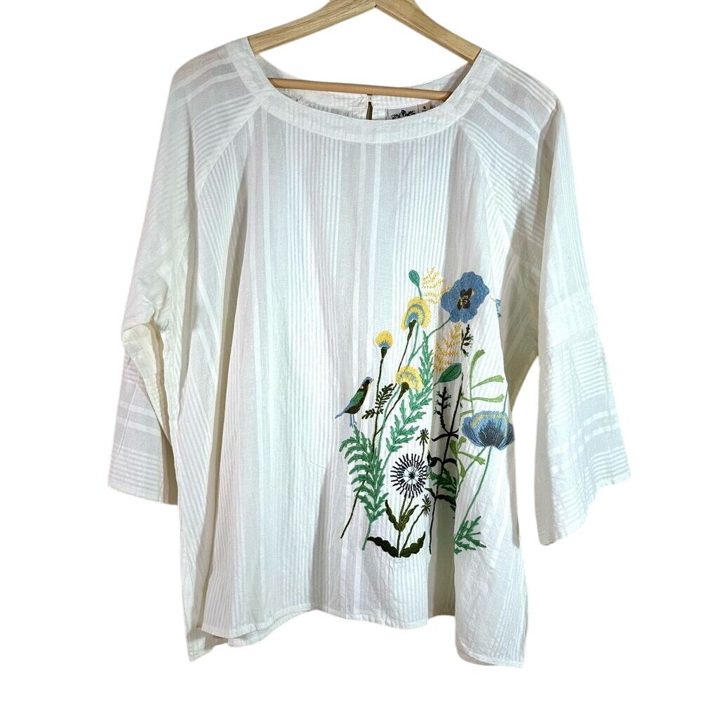 Boho Embroidered White Cotton Peasant Top for Women Size S Parsley Sage