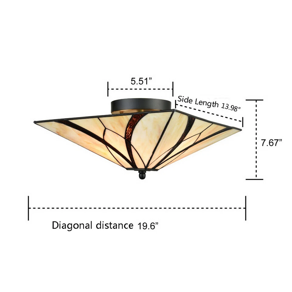 Vintage Semi Flush Ceiling Light Antique Brass Art Colorful Glass Shade 3-Light - Image 2 of 4