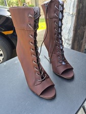 Women  s Brown Ankle Bootie Boots, Lace-Up, Open Toe, Stiletto Heel, Solid