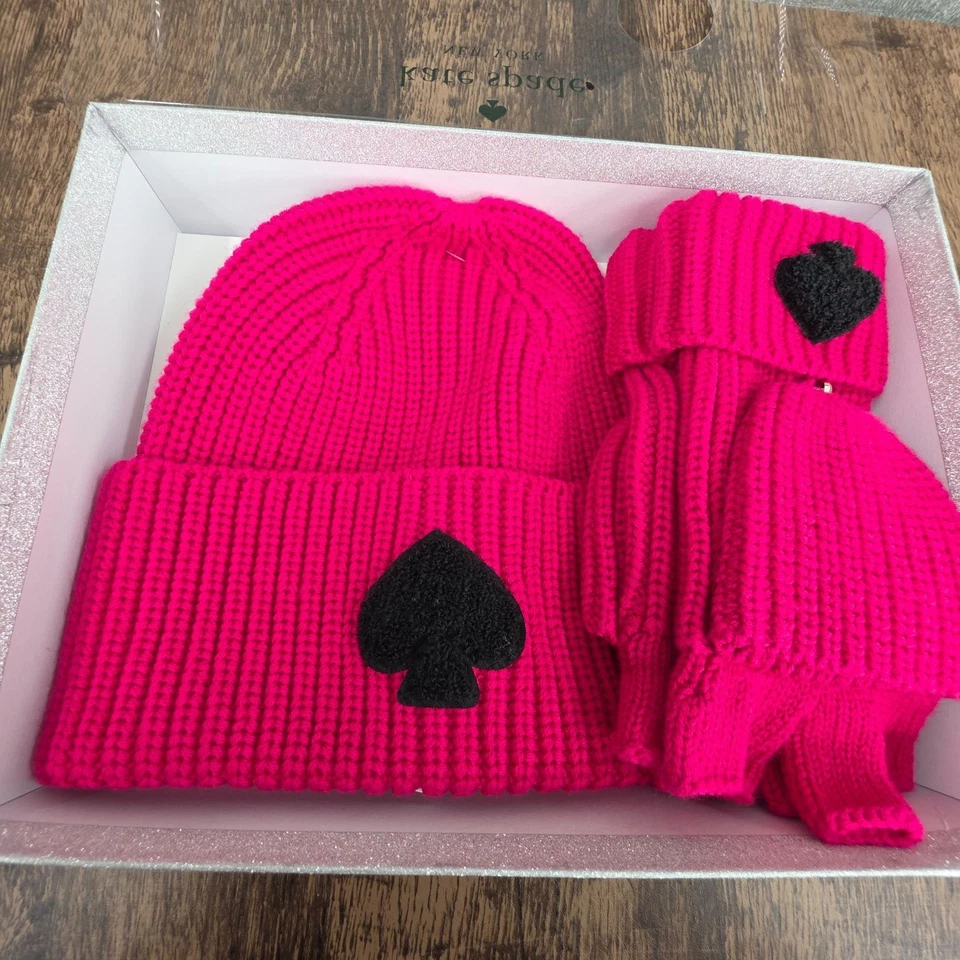 Kate Spade NY Chenille Parche Tejido Caja Set Gorro Sombrero Mitones Rosa Negro Regalo Nuevo Foto 2 de 4