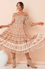 Spell & The Gypsy BNWT Juniper Shirred Dress Size Small Short Sleeve Boho Midi