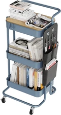 3-Tier Metal Utility Rolling Cart, Table Top, Side Bag, Hooks & Lockable Wheels