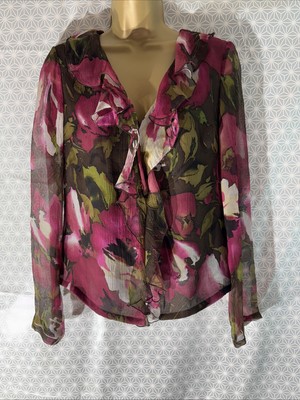 August Silk Collection Damenbluse UK 10 braun Mix Blumenmuster 100 % Seide V-Ausschnitt