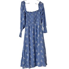 Reformation Rowen Viscose Midi Dress Blue White Floral Sz S Smocking Cottagecore