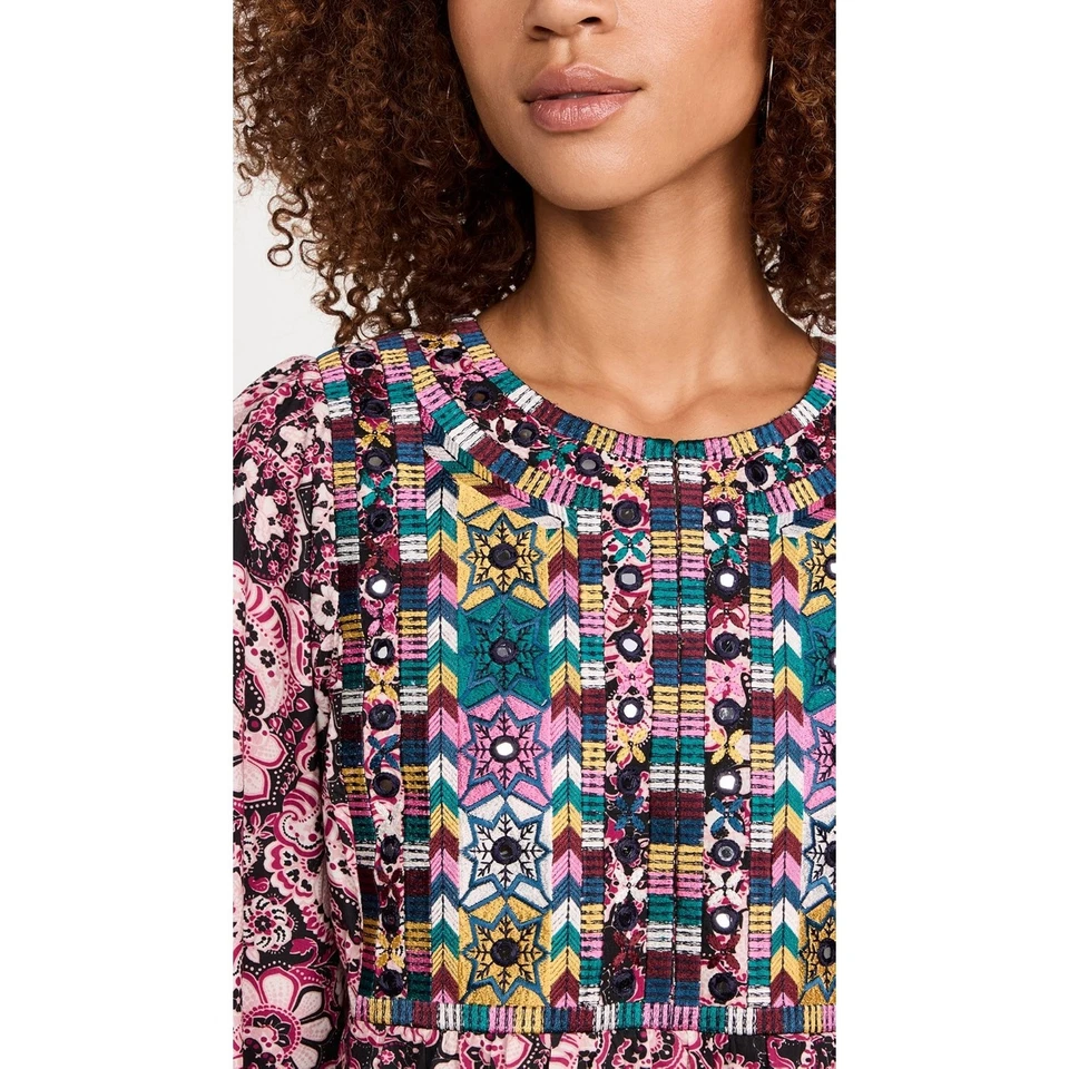 Mini Vestido FIGUE Lucie Batik Adornado Manga Larga Abullonada Bordado Algodón M Foto 2 de 4