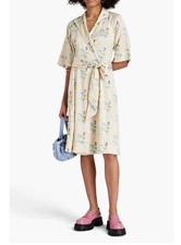 GANNI Floral Crinkle Wrap Dress In Yellow Size 32/0