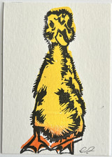 aceo original art by Emily Beck, linocut, ink, duckling 8, 3.5 x 2.5
