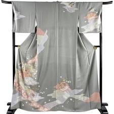 Japanese Silk Houmongi Kimono L 166cm Grayish green Grass and flowers Haze 22868