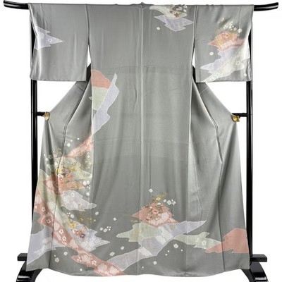 Japanese Silk Houmongi Kimono L 166cm Grayish green Grass and flowers Haze 22868