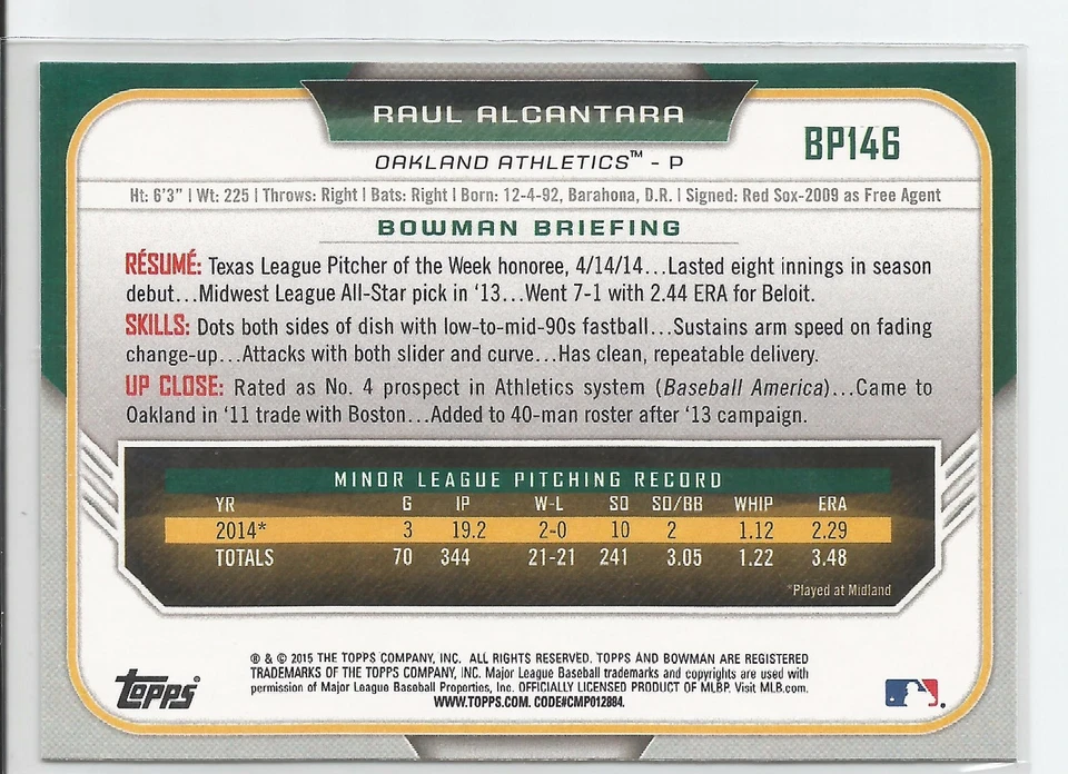 Raul Alcantara Oakland A's 2015 Bowman Baseball - Image 2 of 2