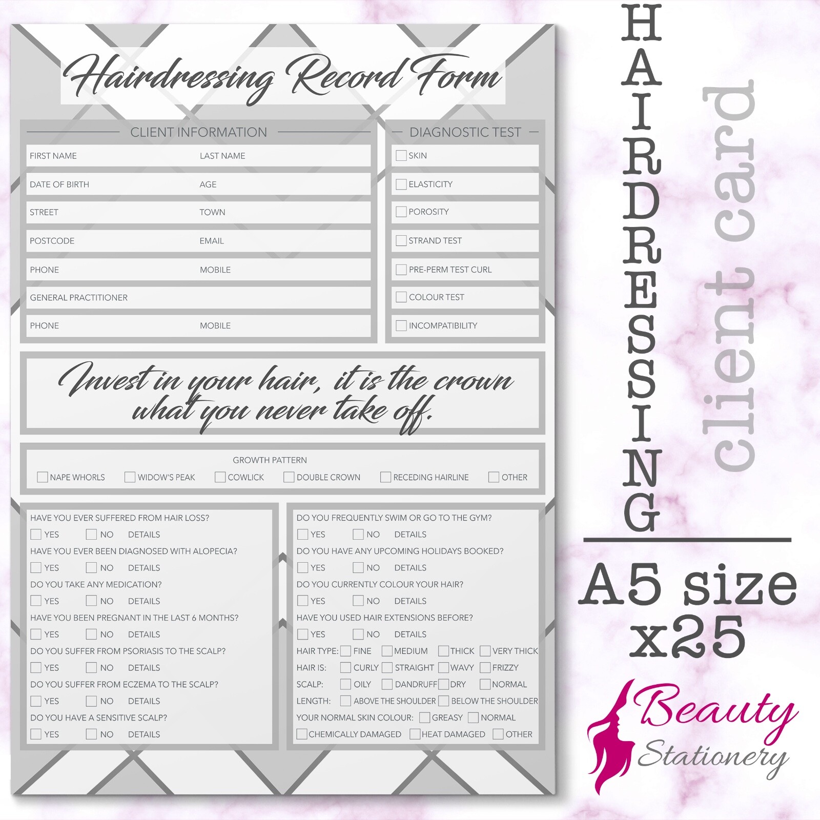 Hairdressing Client Record Card Form PREMIUM Treatment Consultation A5 x25