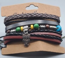 BOHEMIAN SET OF 3 OWL PENDANT WOMAN BRACELETS BEADED WOVEN BRAIDED COLORFUL