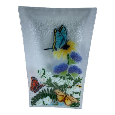 Peggy Karr 2001 Flowers & Butterfly Meadow Fused Glass Platter Signed NEW