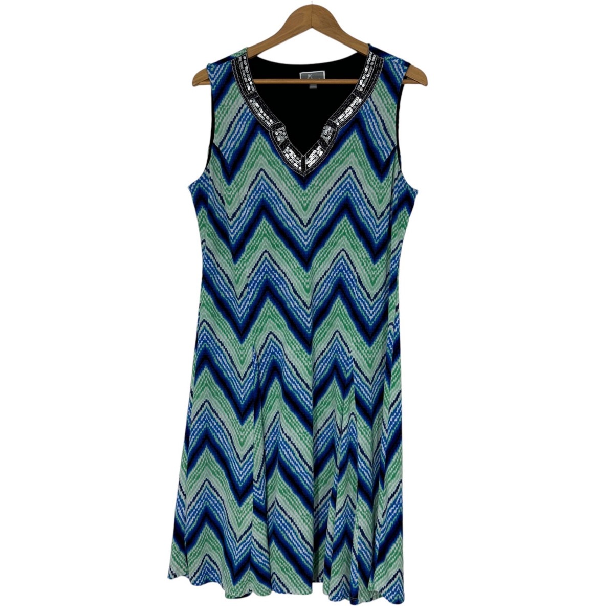 JM Collection Women's Size Large Blue Green Zig Zag Print Sequin Neck Dress | eBay JM Collection Women's Size Large Blue Green Zig Zag Print Sequin Neck Dress | eBay