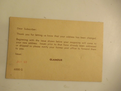 Vintage 1962 Glamour Magazine Change-of-Address Prepaid Postage Card - Picture 1 of 4