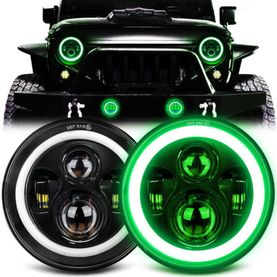 Pair 7'' Round Inch LED Headlights Green Halo Angle Eyes For Wrangler JK LJ TJ CJ