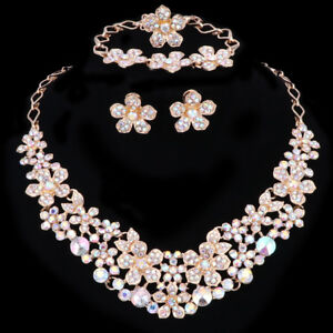 Shinny Gold Crystal Flower Party Necklace Set Bridal Wedding Crystal Jewelry Set