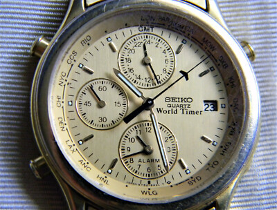 p178 Nice Men's Seiko World Timer Chronograph Gold Tone p178 Nice Men's Seiko World Timer Chronograph Gold Tone