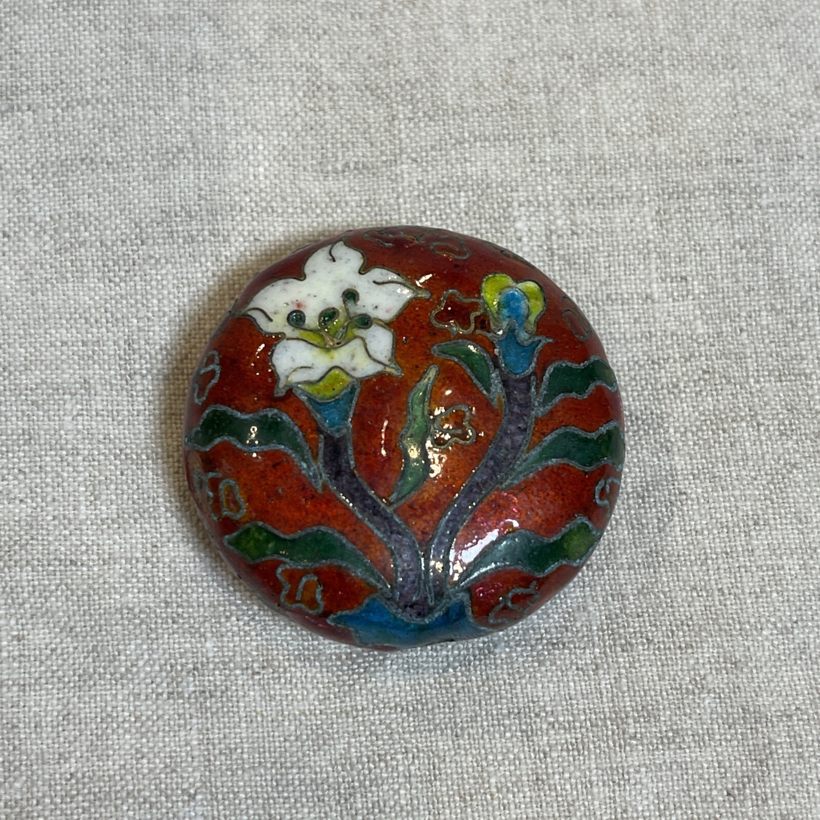 Large Vintage Enamel Cloisonné Bead Red Floral Gem
