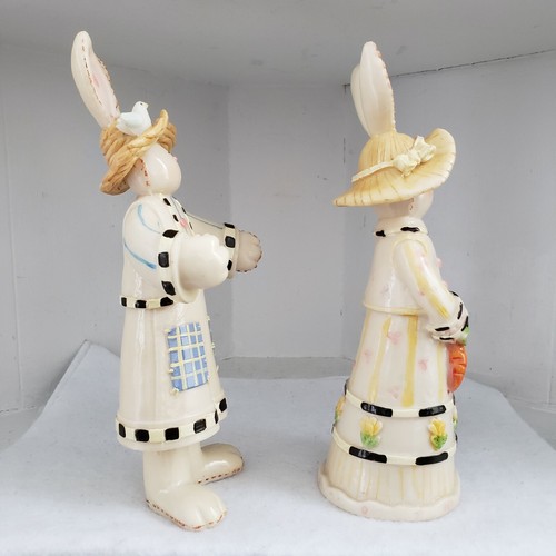 Vintage Mr & Mrs Easter Bunny Pair Plastic Figurines 2 White Brown Straw Hats - Picture 6 of 12