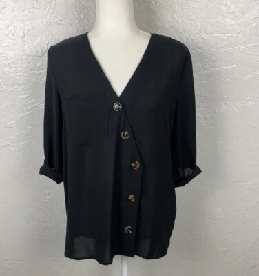 Entro Black Button Down Asymmetrical blouse V Neck Womens Size Small