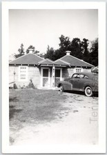 1940-50s Photo Of A Pontiac Streamliner In Front Of A Cabin Black And White