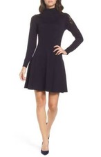  ELIZA J LACE SHOULDER TURTLENECK BLACK DRESS sz XS